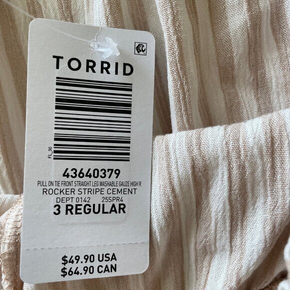NWT Torrid Pull-On Tie Front Gauze Pants, Size 3, Rocker Stripe Cement - Picture 4 of 6